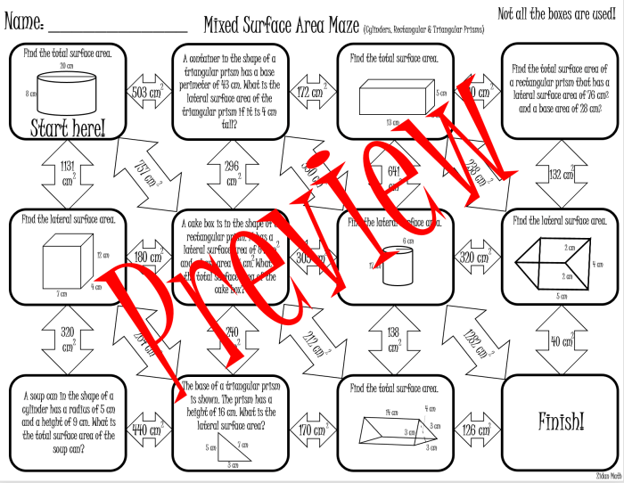 Surface area prisms maze cylinders triangular rectangular tek 7b