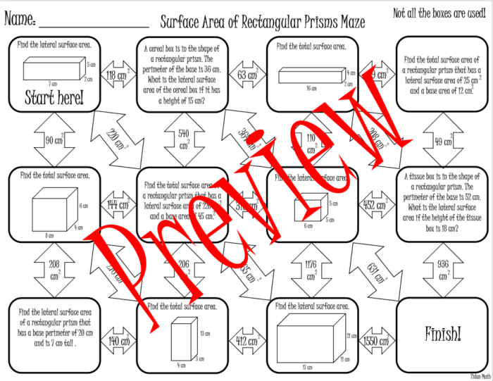 Surface area of prisms maze answer key